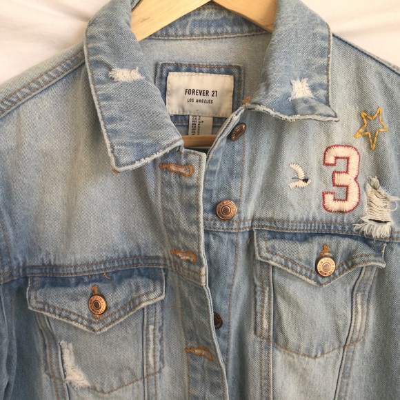 Forever 21 Small Jean Jacket Denim Embroidered Distressed - Picture 3 of 11